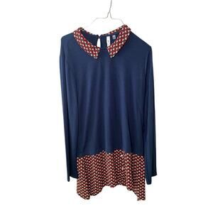 NY Collection Blouse  Long Sleeves‎ Peter Pan Collar Heart Print Blue Large